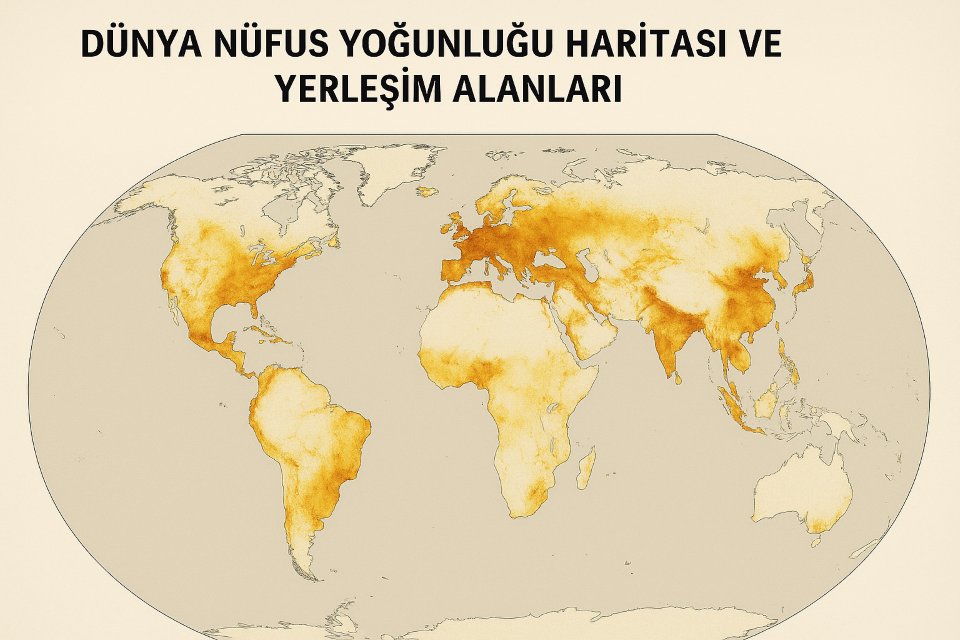 Dünya nüfus yoğunluğu haritası; şehirleşmenin, iklimin ve doğal koşulların yerleşim üzerindeki etkisini gösterir. En yoğun nüfus Asya kıtasında, en seyrek nüfus kutup ve çöl bölgelerindedir.